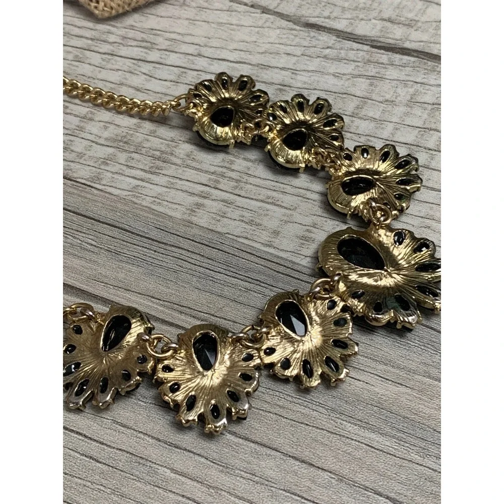 Black Gold Tone Statement Bib Necklace Faux Onyx Teardrop Crystal Collar‎ 16in